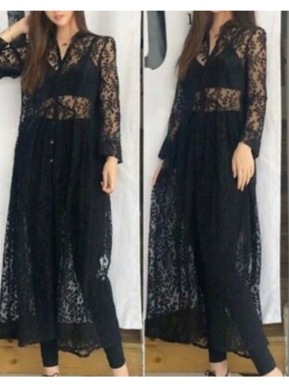 Zara NWT long semi sheer lace long sleeve black dress button down 2731/267